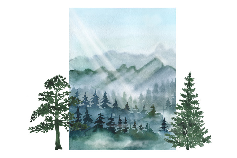 watercolor-forest-digital-clipart-set-forest-trees-pines-mountains
