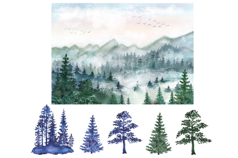 watercolor-forest-digital-clipart-set-forest-trees-pines-mountains