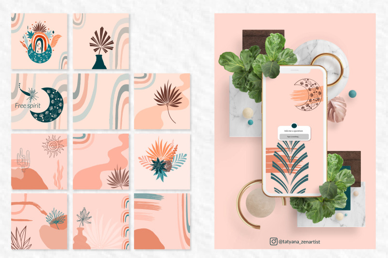 collection-of-instagram-templates-in-modern-boho-art-style