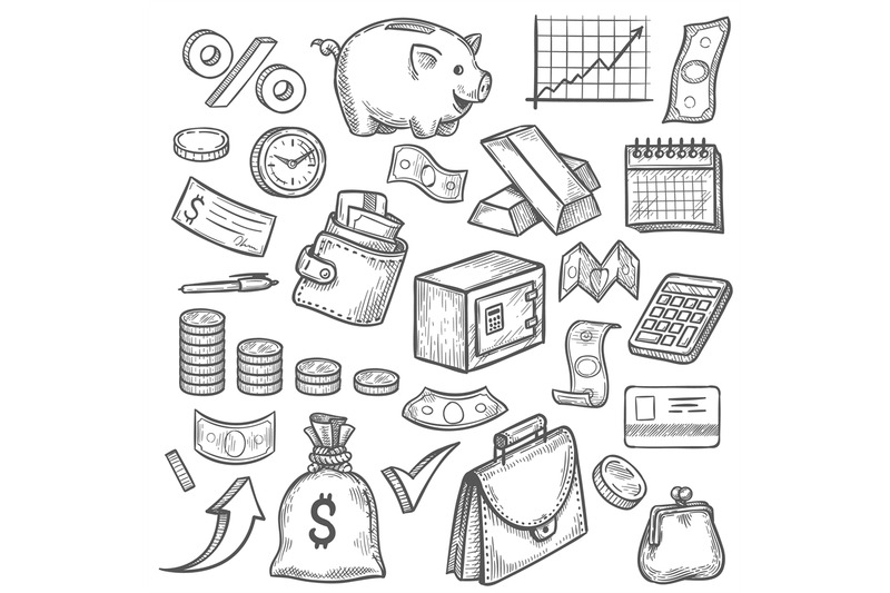 money-and-banking-sketch-hand-drawn-dollar-banknote-and-coin-piggy-b