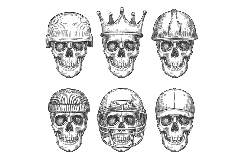 skull-in-hats-dead-head-characters-with-crown-baseball-cap-and-helme