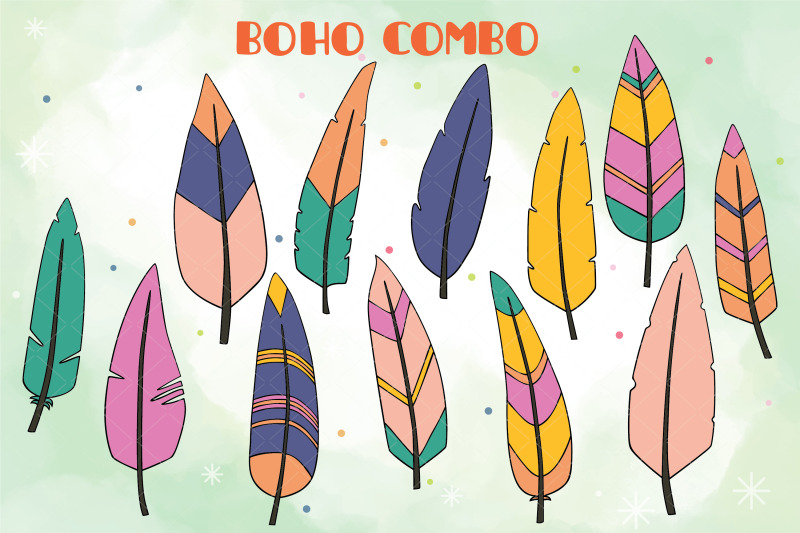 hand-drawn-colored-feathers-bird-feathers-tattoo-boho-aztec-decor