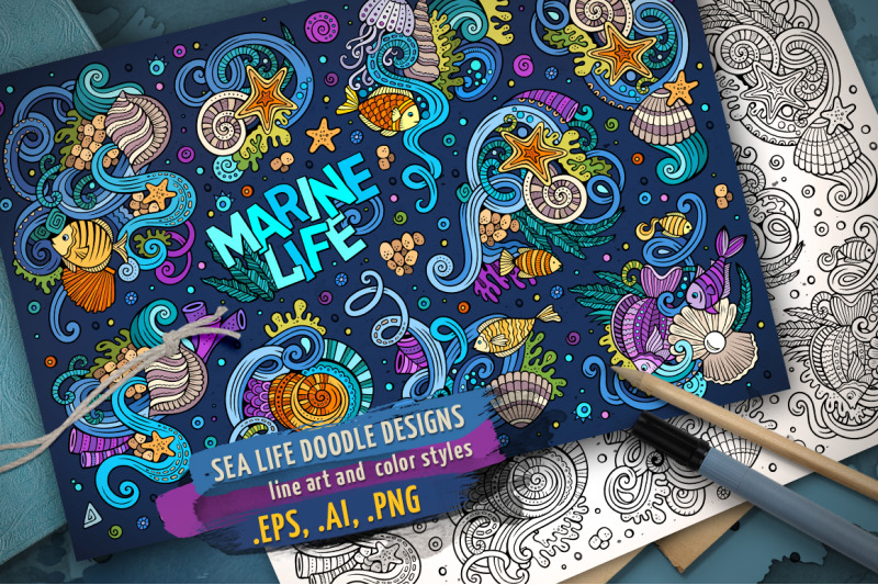 marine-life-doodle-designs-set