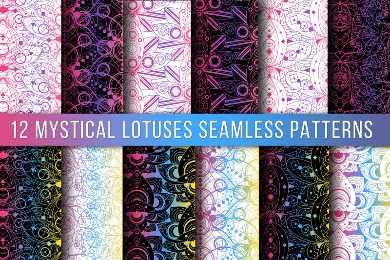 colored-lotus-seamless-patterns-set