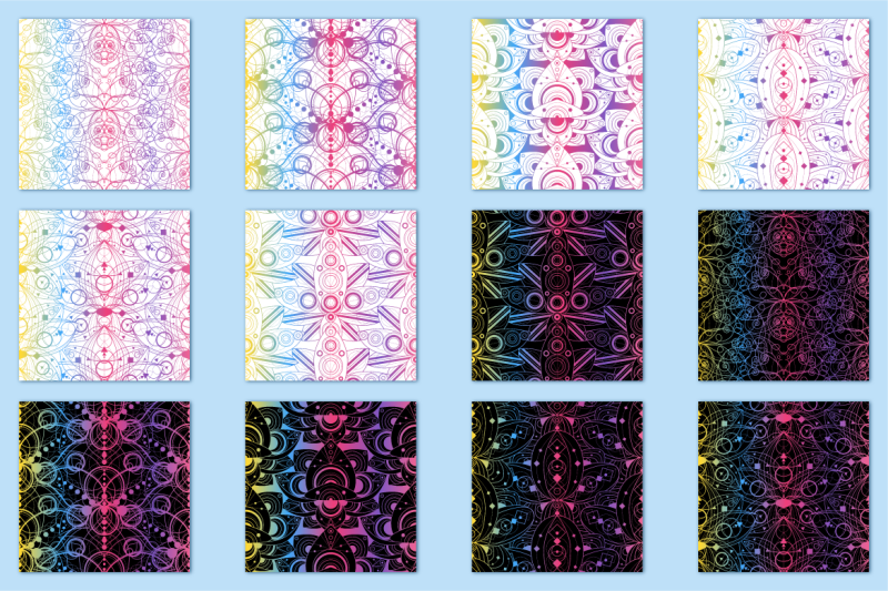 colored-lotus-seamless-patterns-set