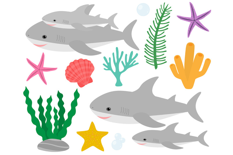 set-cute-shark-and-sea-elements-vector