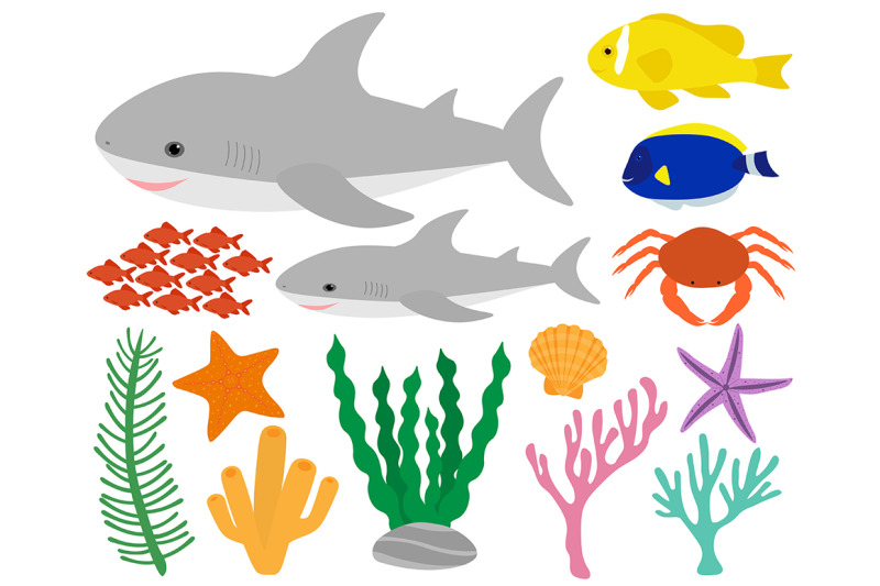 set-cute-shark-and-sea-elements-vector