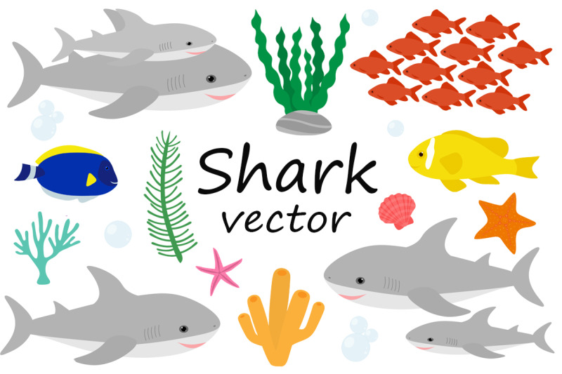 set-cute-shark-and-sea-elements-vector