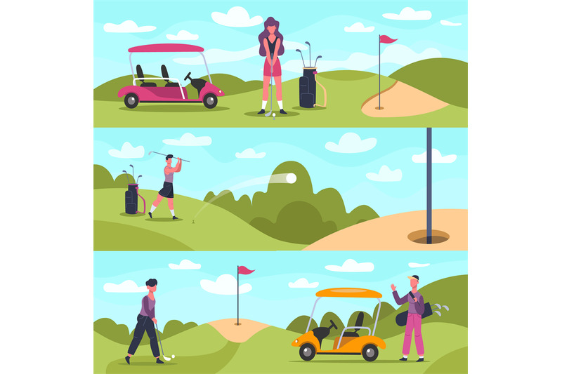 golf-banners-male-and-female-golf-characters-playing-outdoor-sports