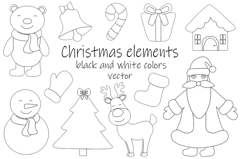 set-new-year-christmas-black-and-white-coloring-vector