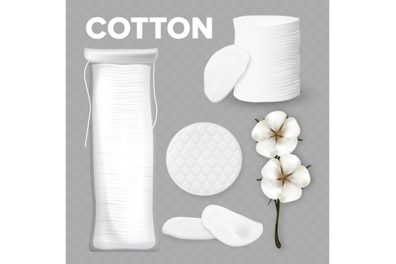 cotton-flowers-buds-branch-and-product-set-vector