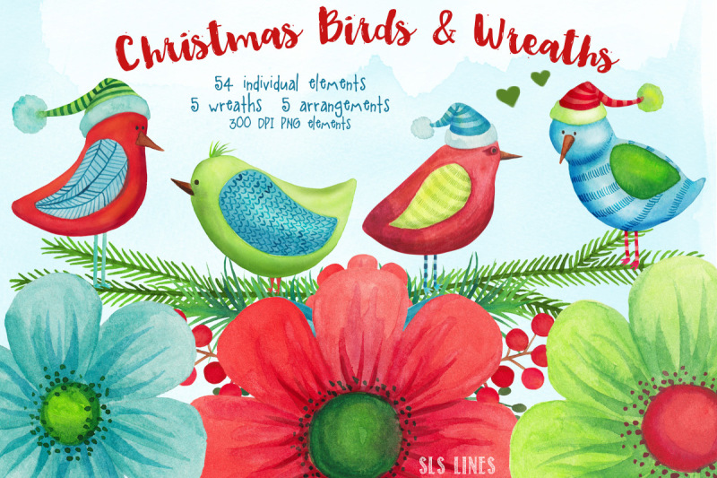 christmas-birds-and-wreaths-watercolors