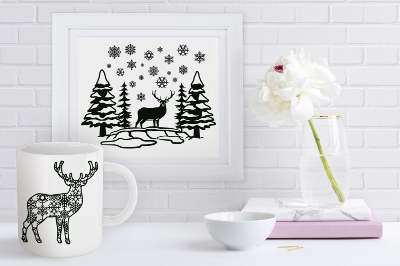 Deer SVG, Christmas Scene with Deer Bundle SVG, Winter Scene with Deer