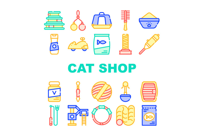 cat-market-accessory-collection-icons-set-vector