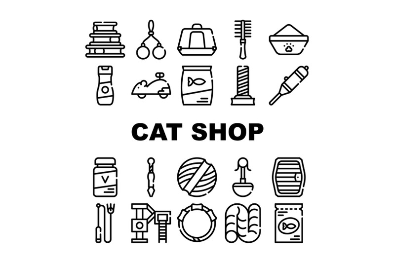 cat-market-accessory-collection-icons-set-vector