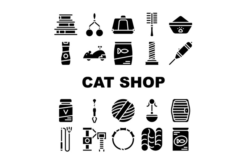 cat-market-accessory-collection-icons-set-vector