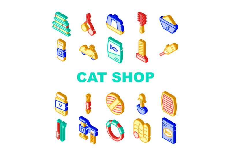 cat-market-accessory-collection-icons-set-vector