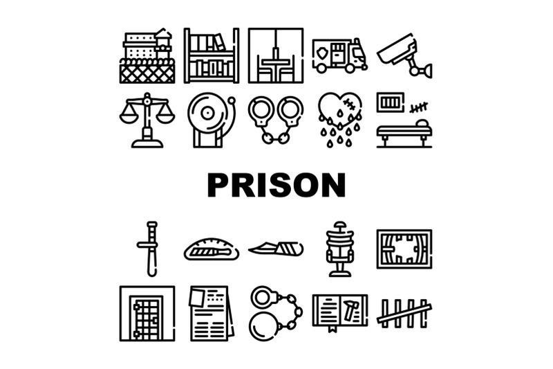 prison-building-and-accessory-icons-set-vector