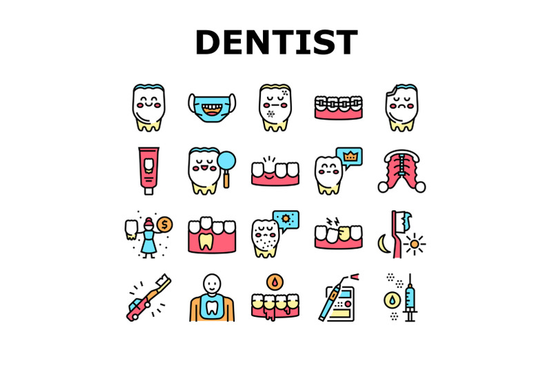 children-dentist-dental-care-icons-set-vector