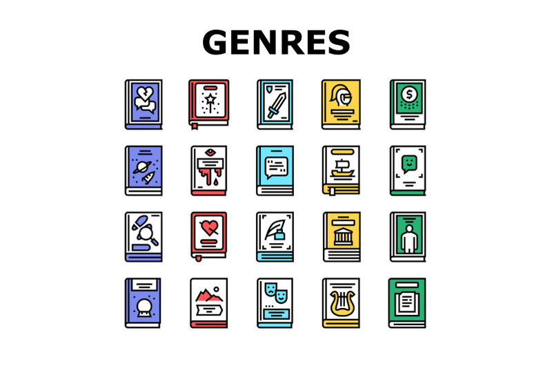 literary-genres-books-collection-icons-set-vector