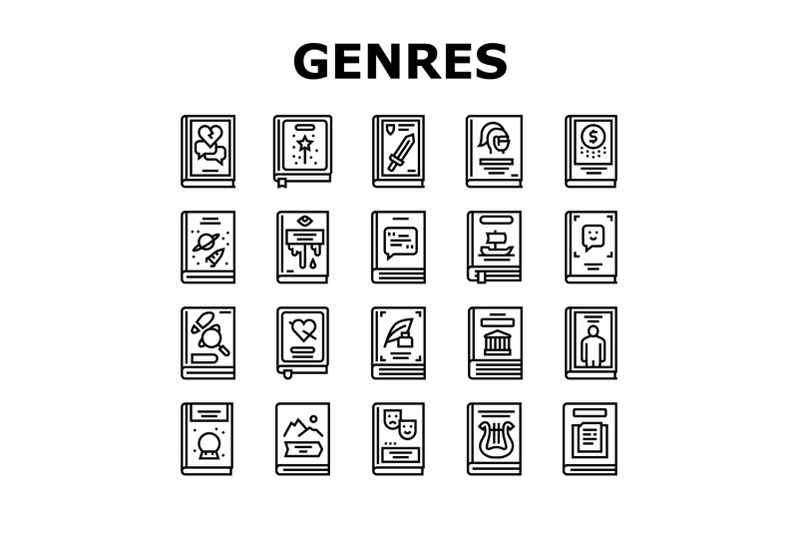 literary-genres-books-collection-icons-set-vector