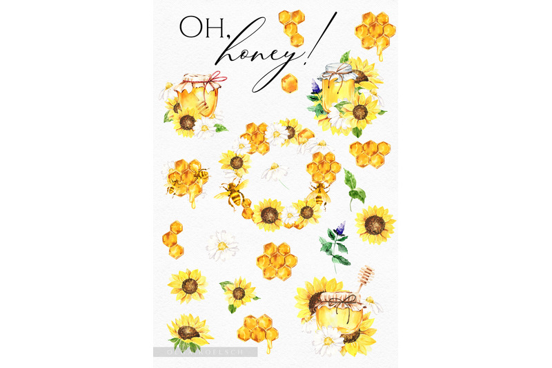 watercolor-honey-bee-clipart-sunflower-clipart-honey-comb-honey-jar