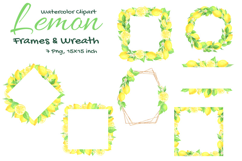 lemon-boho-watercolor-gold-geometric-round-frame-wreath-floral-clipart