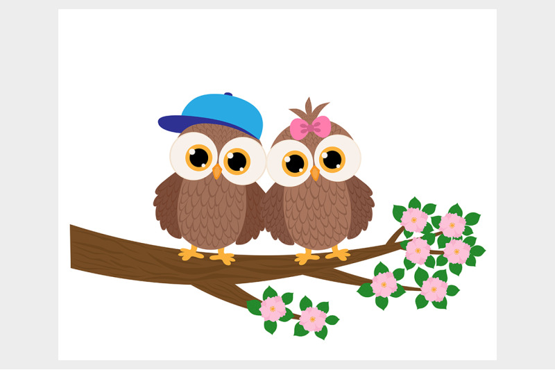 cute-owls-boy-and-girl-on-a-tree-branch-vector-illustration