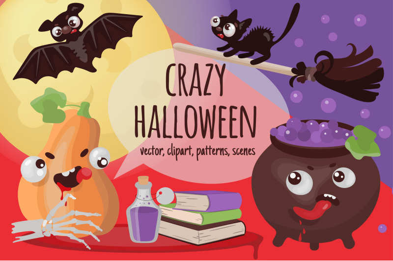 crazy-halloween-hand-drawn-flat-style-vector-illustration-set