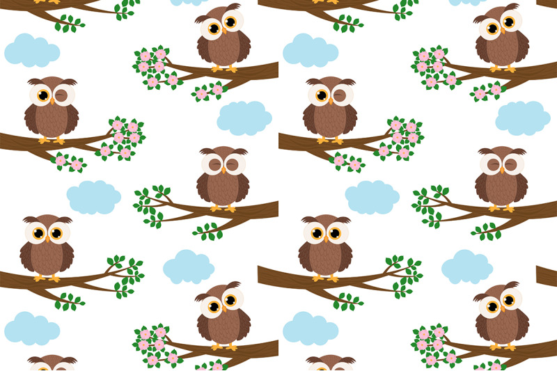 set-seamless-patterns-cute-owl-vector-illustration
