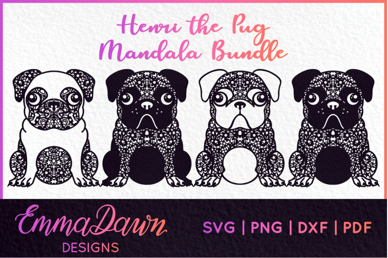 HENRI THE PUG DOG MANDALA ZENTANGLE MINI BUNDLE 4 DESIGNS Download