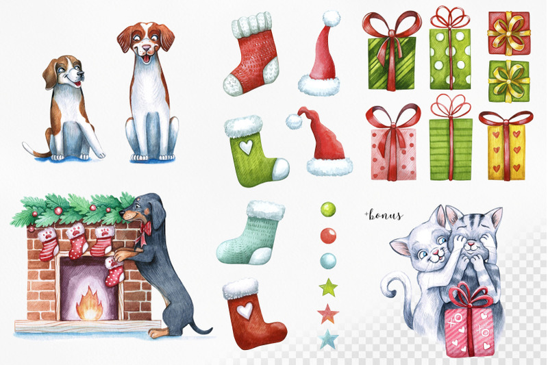 watercolor-christmas-illustrations-dogs-christmas-gifts