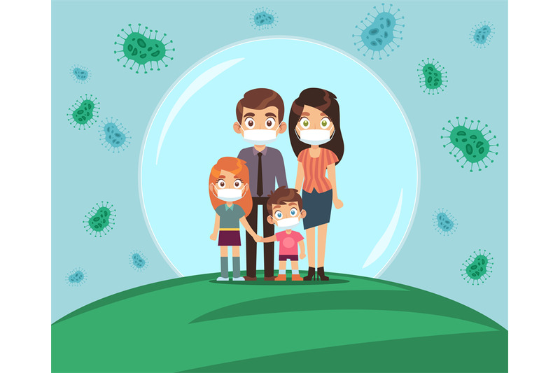 family-protected-from-virus-mom-dad-and-kids-in-medical-masks-stands