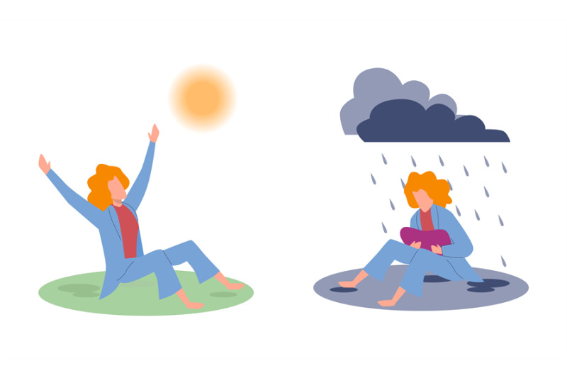 joy-and-sadness-sad-woman-under-raining-clouds-and-happy-woman-under