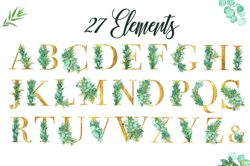 botanical-watercolor-and-glitter-alphabet-elements