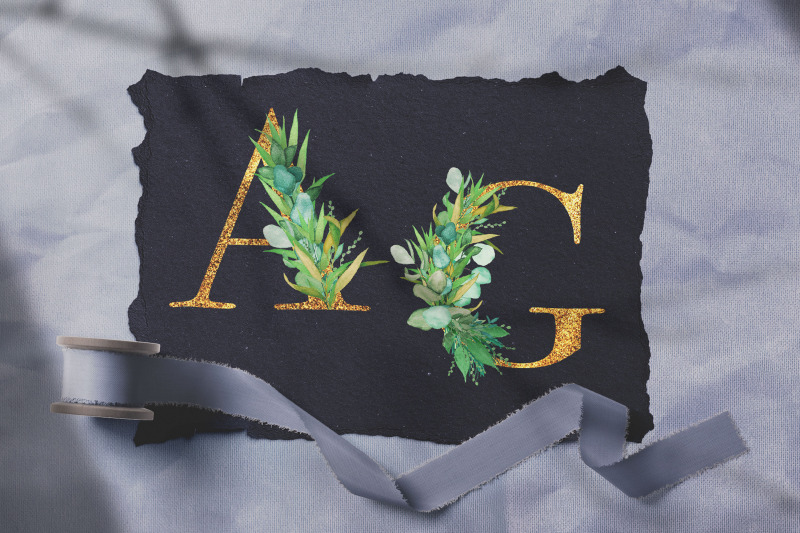 botanical-watercolor-and-glitter-alphabet-elements