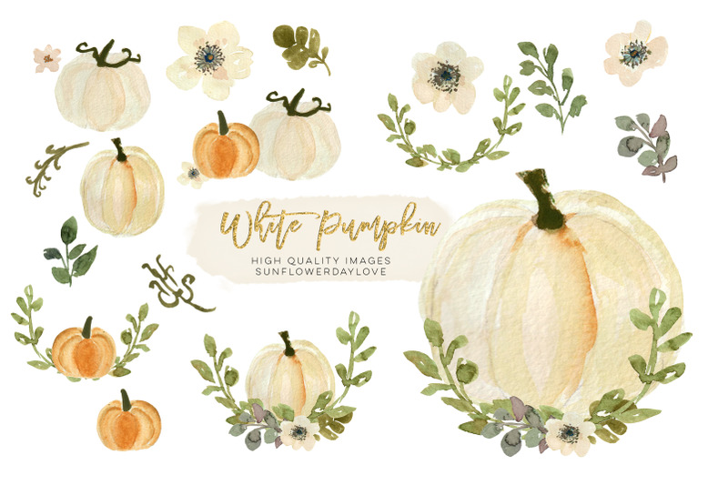 white-pumpkin-greenery-arrangement-watercolor-clipart
