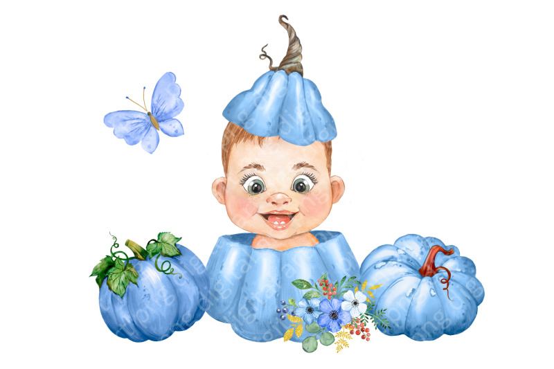 blue-pumpkin-clipart-watercolor-pumpkins-flowers-baby-shower