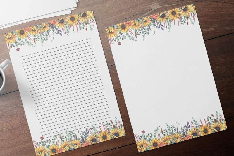 watercolor-sunflowers-floral-stationery-lined-and-unlined-journaling