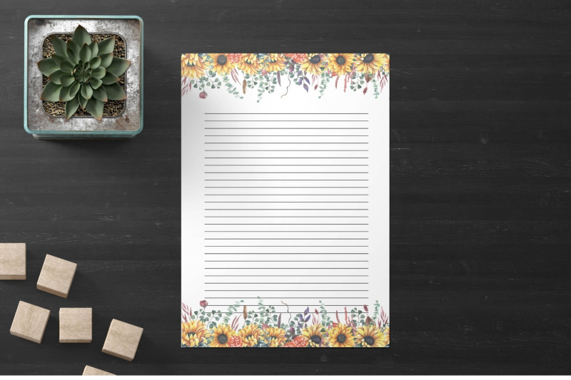 watercolor-sunflowers-floral-stationery-lined-and-unlined-journaling