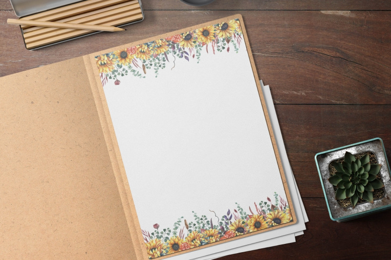 watercolor-sunflowers-floral-stationery-lined-and-unlined-journaling