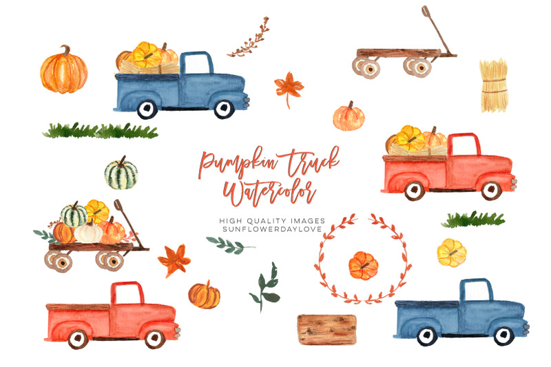 watercolor-red-truck-with-pumpkins-harvest-trucks-thanksgiving