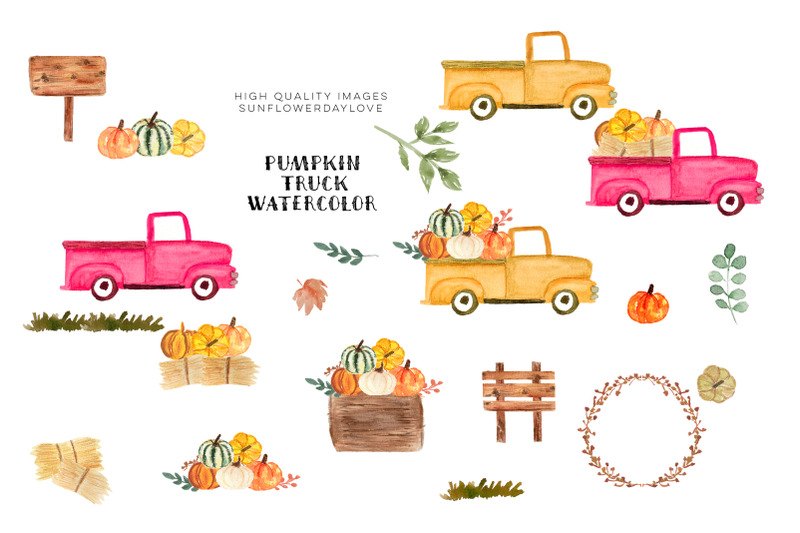 pink-vintage-trucks-clipart-pumpkin-watercolor-fall-clipart-vintage