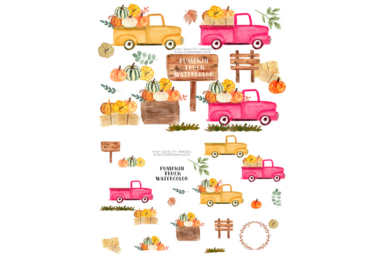 pink-vintage-trucks-clipart-pumpkin-watercolor-fall-clipart-vintage