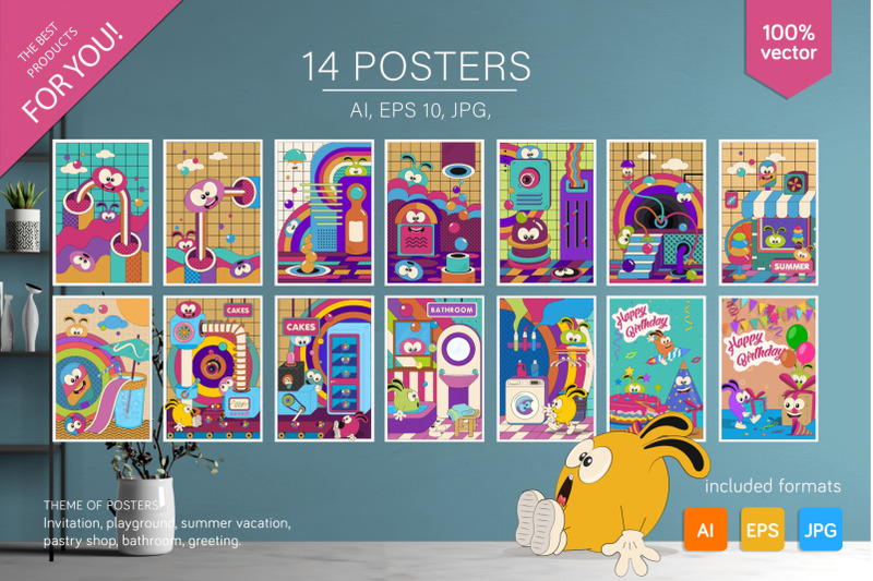 14-posters-with-cartoon-characters-4-seamless-patterns