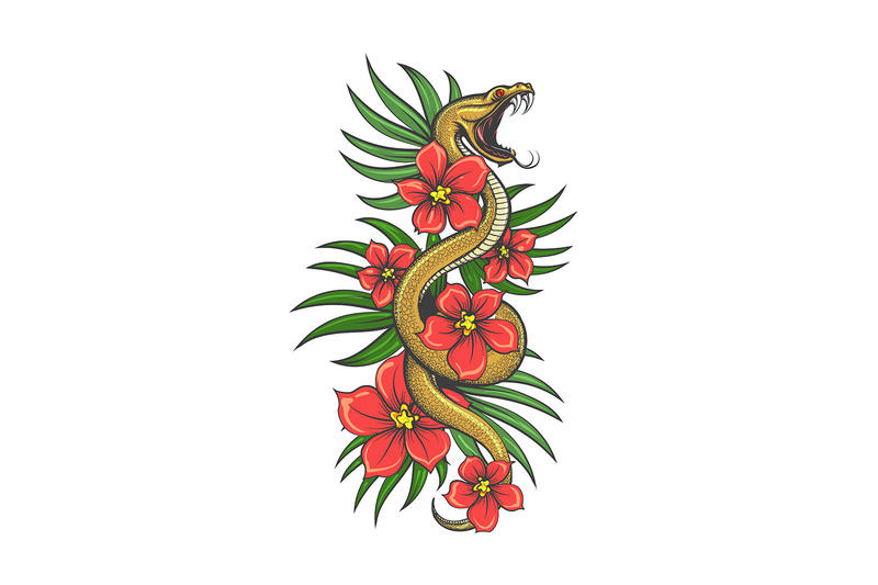tattoo-of-snake-in-flowers-and-green-grass