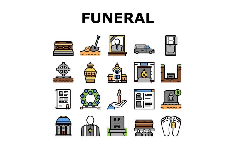 funeral-burial-service-collection-icons-set-vector