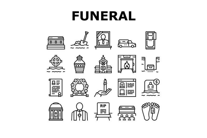 funeral-burial-service-collection-icons-set-vector