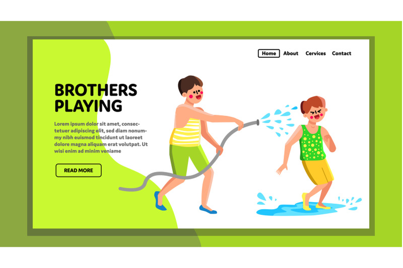 brothers-playing-and-watering-garden-hose-vector