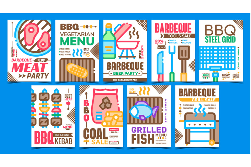 barbeque-party-advertising-posters-set-vector